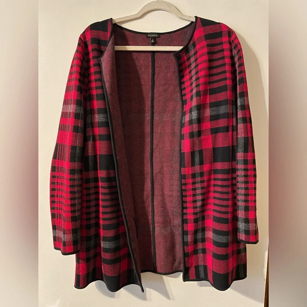 Talbots Long Open Cardigan Sweater Red Black Gray Tartan Plaid Size Medi…